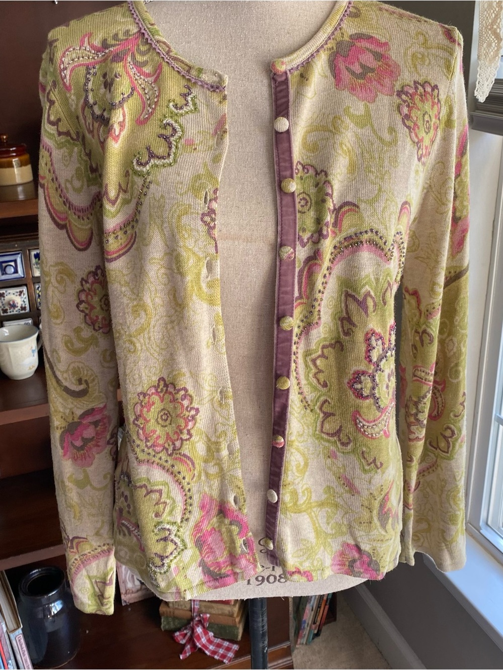 Sigrid Olsen Paisley Button-Front Long Sleeve Cardigan, in Green-Pink M EUC - Picture 4 of 14